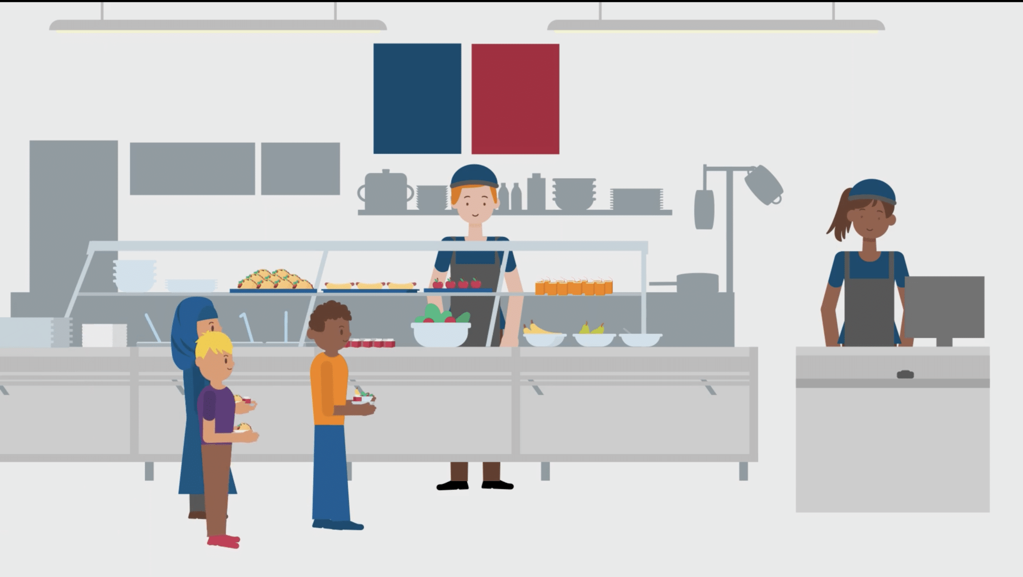 Animated videos- Graphic of students standing in a school lunch line, being served by Nutrition Services staff